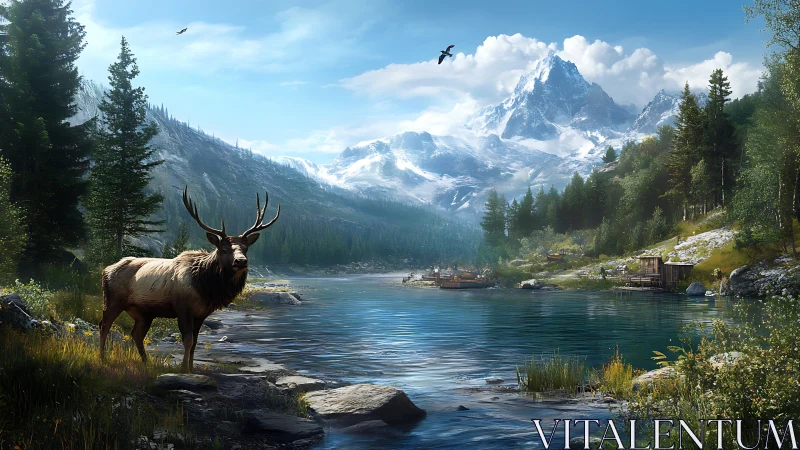 Majestic elk overlooks serene alpine lake and snowy peaks.