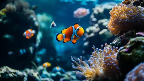 Bright clownfish gliding through a cozy coral reef home.