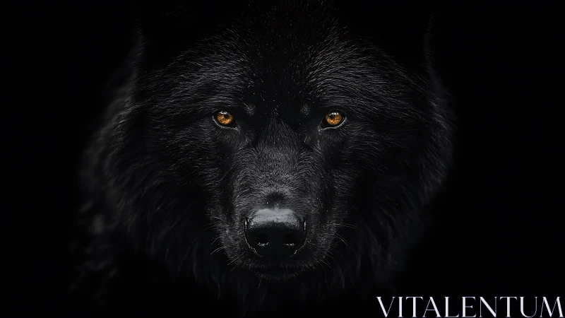 Black wolf portrait shows detailed fur texture and amber eyes
