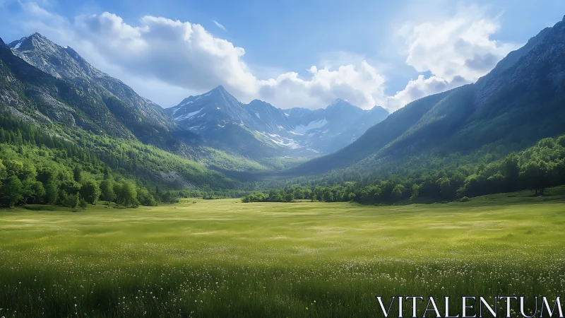 Alpine valley meadow under late spring light between rugged peaks