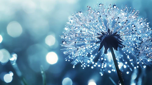 Dandelion seedhead macro with crystal dew bokeh glow.