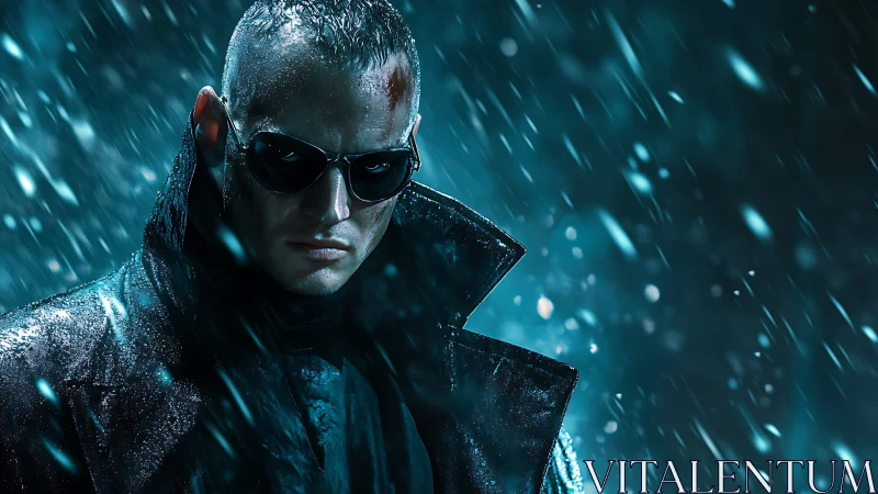 Storm-lit vigilante stares down the neon-charged night