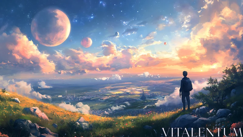 Digital painting of cosmic valley overlook with lone figure silhouette.