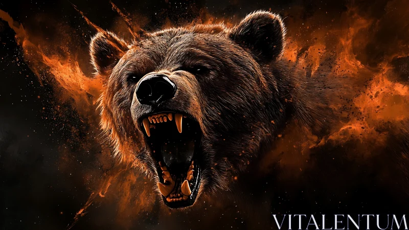 Roaring bear head erupts through fiery cosmic darkness