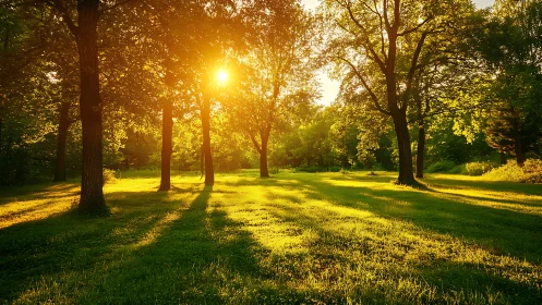Backlit deciduous forest clearing with extended linear sun cast shadows