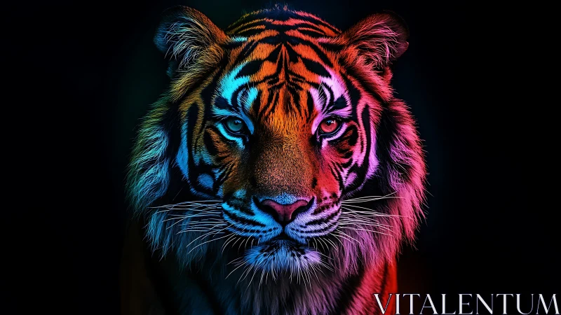 Neon-lit tiger portrait with intense symmetrical gaze.