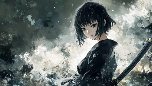 Black-clad sword wielder before abstract cloudy backdrop.