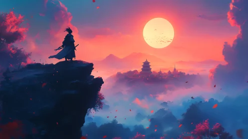 Samurai silhouette surveying neon dusk over temple valley.