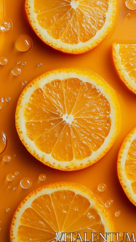 Juicy orange slices glow against vibrant liquid backdrop.