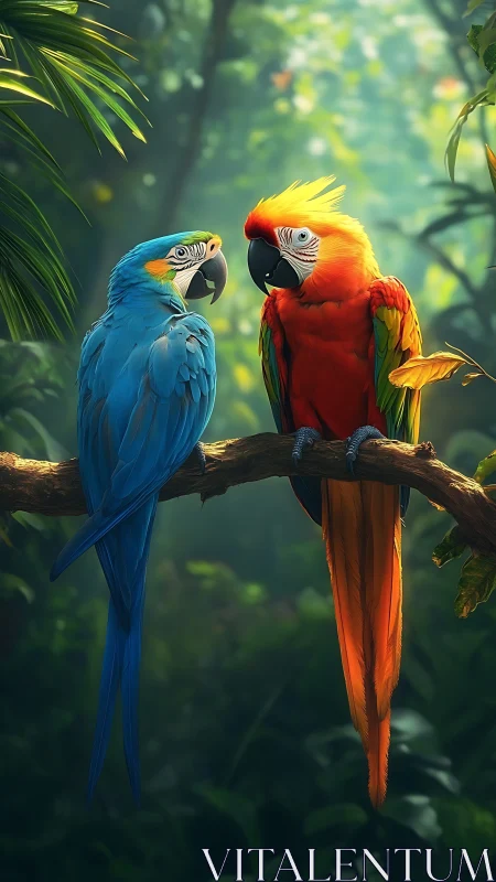 Colorful macaw friends perched together in lush jungle light.