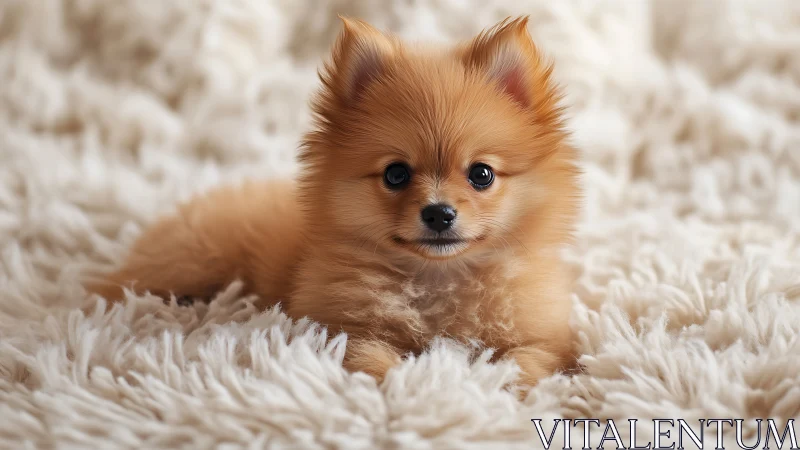 Fluffy Pomeranian puppy rests on soft white shag blanket.