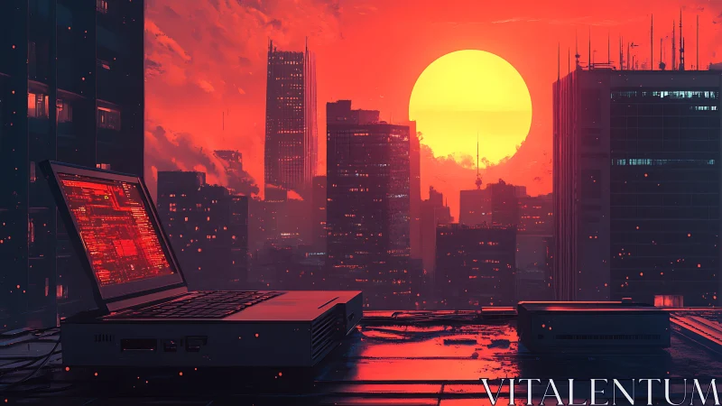 Red sunset over cyberpunk city with rooftop laptop scene.
