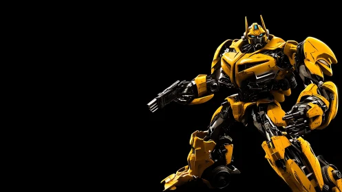 Armored yellow combat robot stands ready in stark darkness