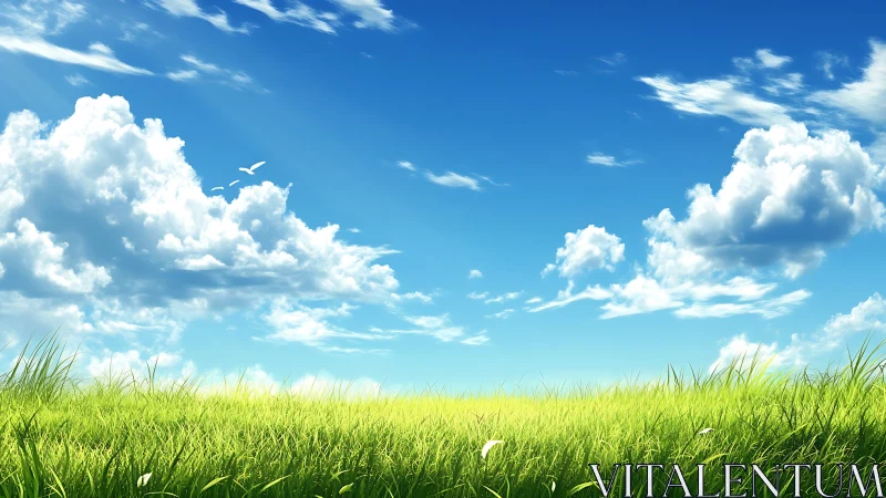 Sunlit grass field stretches beneath vast serene sky