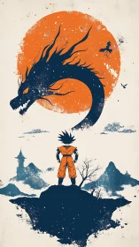 Warrior silhouette facing dragon under bold orange sun.