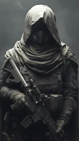 Hooded tactical sniper stands in brooding post‑apocalyptic haze