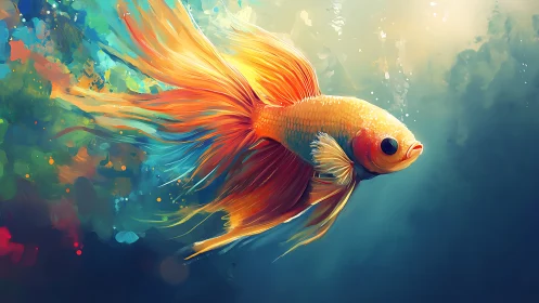 Vibrant digital painting of an orange betta fish underwater.