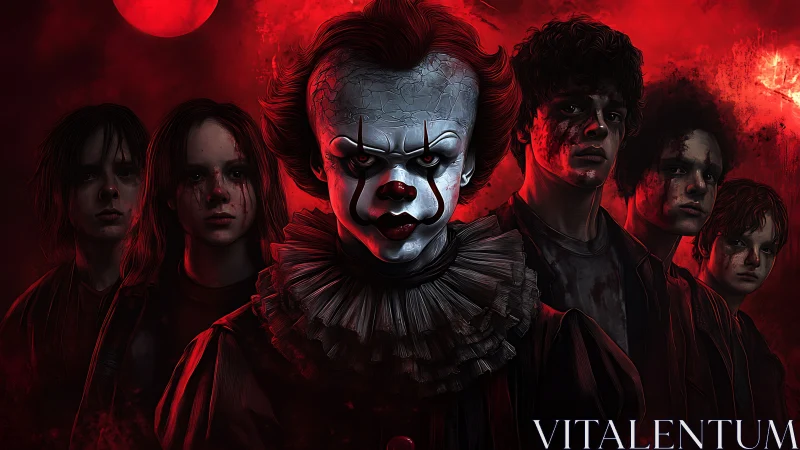 Sinister clown with bloodied youths in red horror scene.