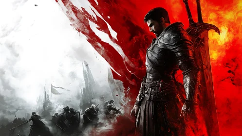 Armored swordsman between monochrome battlefield and firestorm