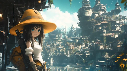 Anime explorer girl before towering sci fi terraced megastructure