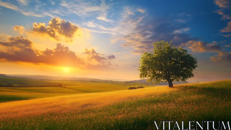 Solitary deciduous tree on sunlit meadow under vivid sunset sky.