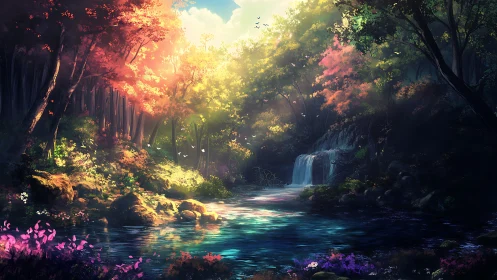 Luminescent Forest Ravine with Crystalline Water and Cascading Waterfall