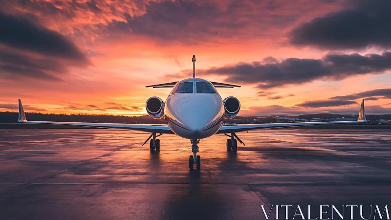 Sleek private jet waiting beneath a glowing sunrise sky.