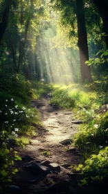Sunlit forest pathway with stone surface and vegetation.