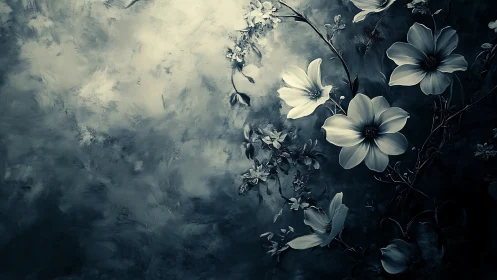 Ethereal Blooms: Delicate Flowers Against Atmospheric Wash.