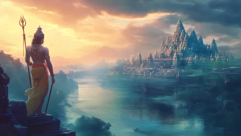 Mythic river guardian surveys luminous temple citadel at dawn