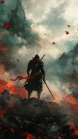 Armored swordsman on volcanic ridge facing distant citadel.