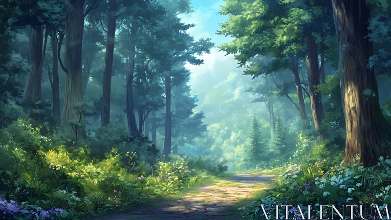 Luminous Woodland Corridor: Atmospheric Perspective in Temperate Forest Landscape.