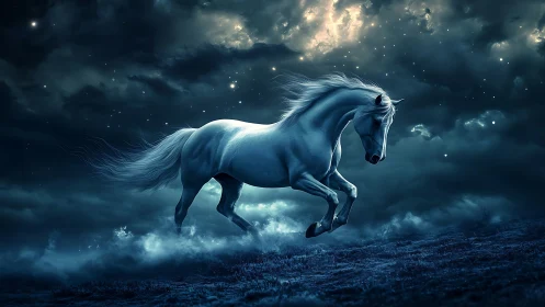 Celestial white stallion gallops through dramatic starlit storm.