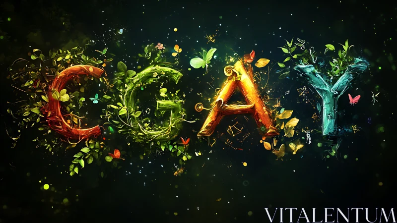 Nature-themed CGAY letter composition with foliage and light.