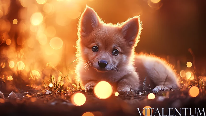 Golden dusk cuddles a fluffy puppy in gentle glowing light