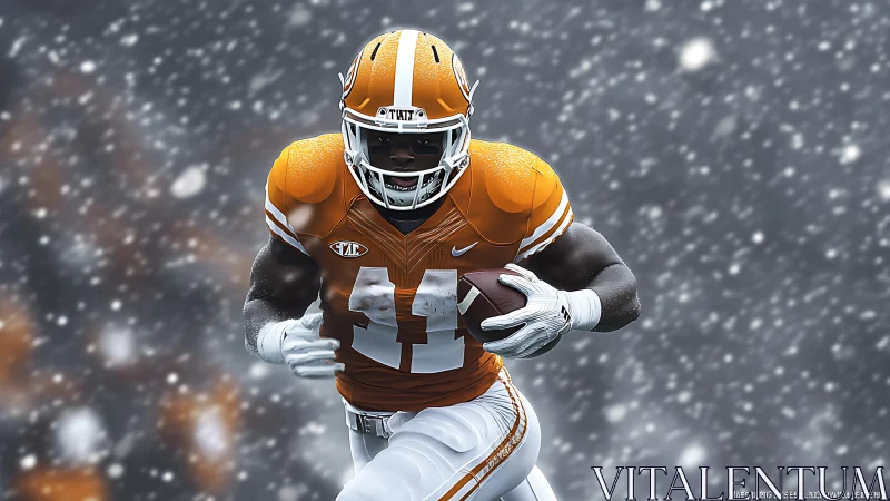Gridiron running back charges through dynamic snowfall field.