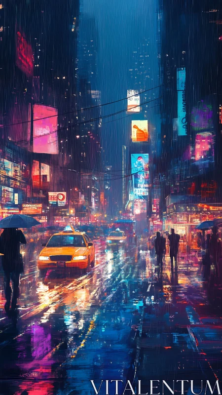Neon taxis cross rain-soaked avenue under electric billboards.