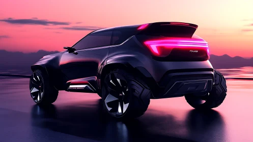 Concept SUV with neon LED lightbar under reflective sunset sky
