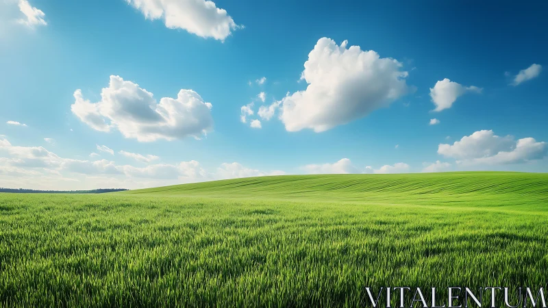 Sunny green meadow under soft clouds and a bright blue sky.
