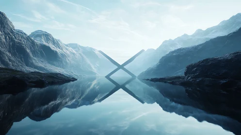 Monolithic X structure rises quietly over a mirrored fjord