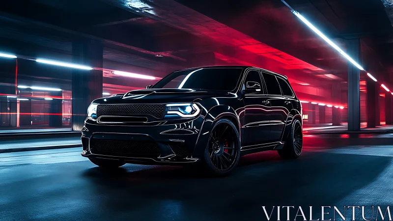Sleek black SUV cruising through neon lit city tunnel.