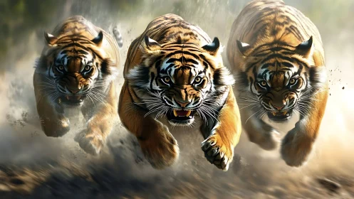 Three Tigers in Dynamic Motion Through Dust Cloud.