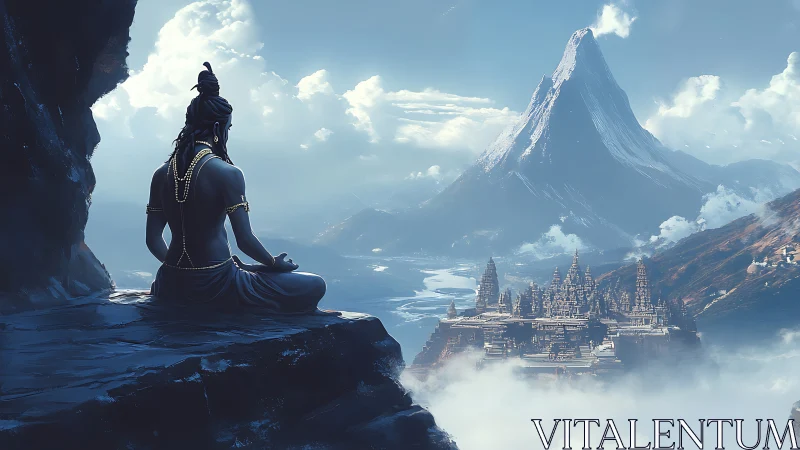 Solitary robed figure overlooking mountain cityscape at dawn.