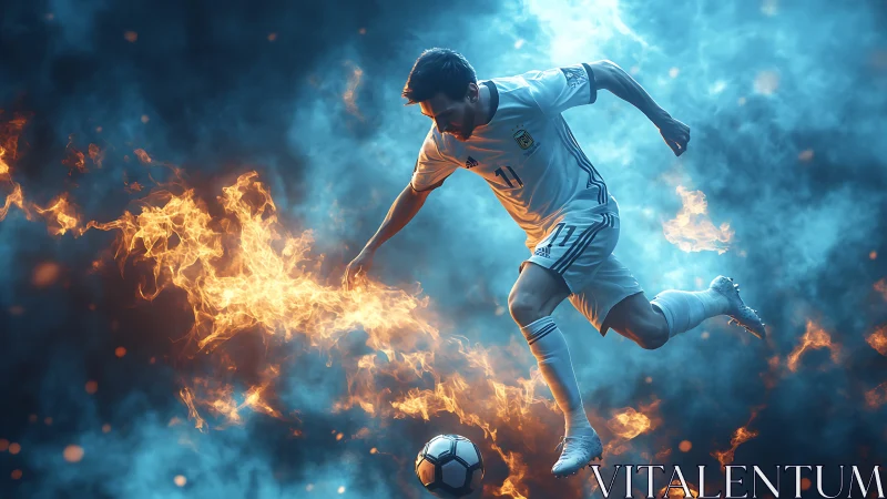 Soccer forward drives flaming ball through blue smoke haze.