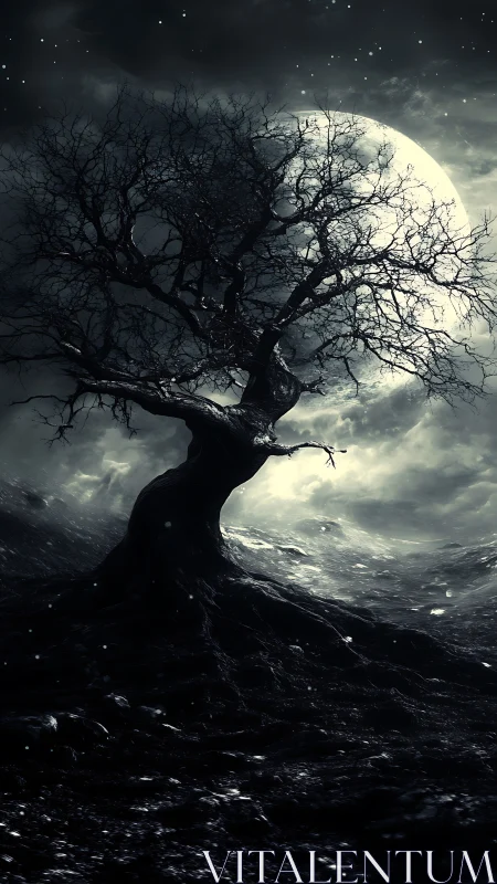 Bare twisted tree before full moon in monochrome night sky.