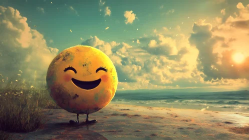 Whimsical smiley sphere on luminous shoreline at sunset.