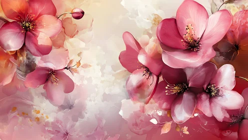 Soft pink blossoms drift gently across a dreamy sky