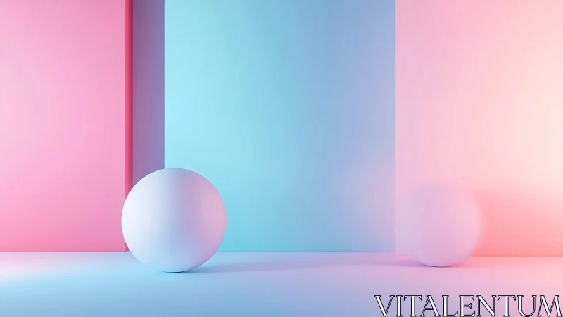 Minimalist spheres intersect soft cyan and pink light fields