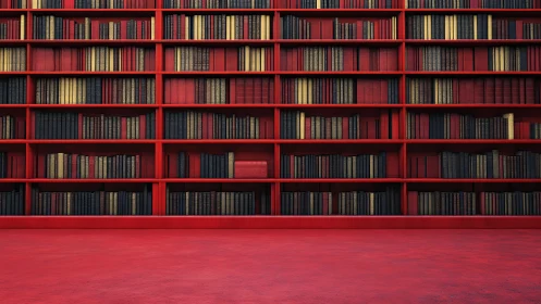 Red library wall showcases orderly shelves of vintage books.
