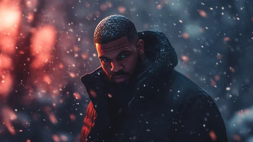 Cinematic winter portrait with dramatic bokeh snowfall lighting
